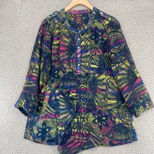 Multiples Top Womens Small Navy Multi Floral Roll Tab Sleeve Layered 1/4 Button